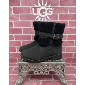 🤑UGG Elora 🖤🩶🖤Black Suede chunkyFaux Shearling Buckle Ankle Boots  Womens 8